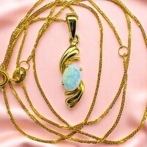 18K Yellow Gold -Natural Australian Opal Necklace -17"- White Boulder Opal -1.5g